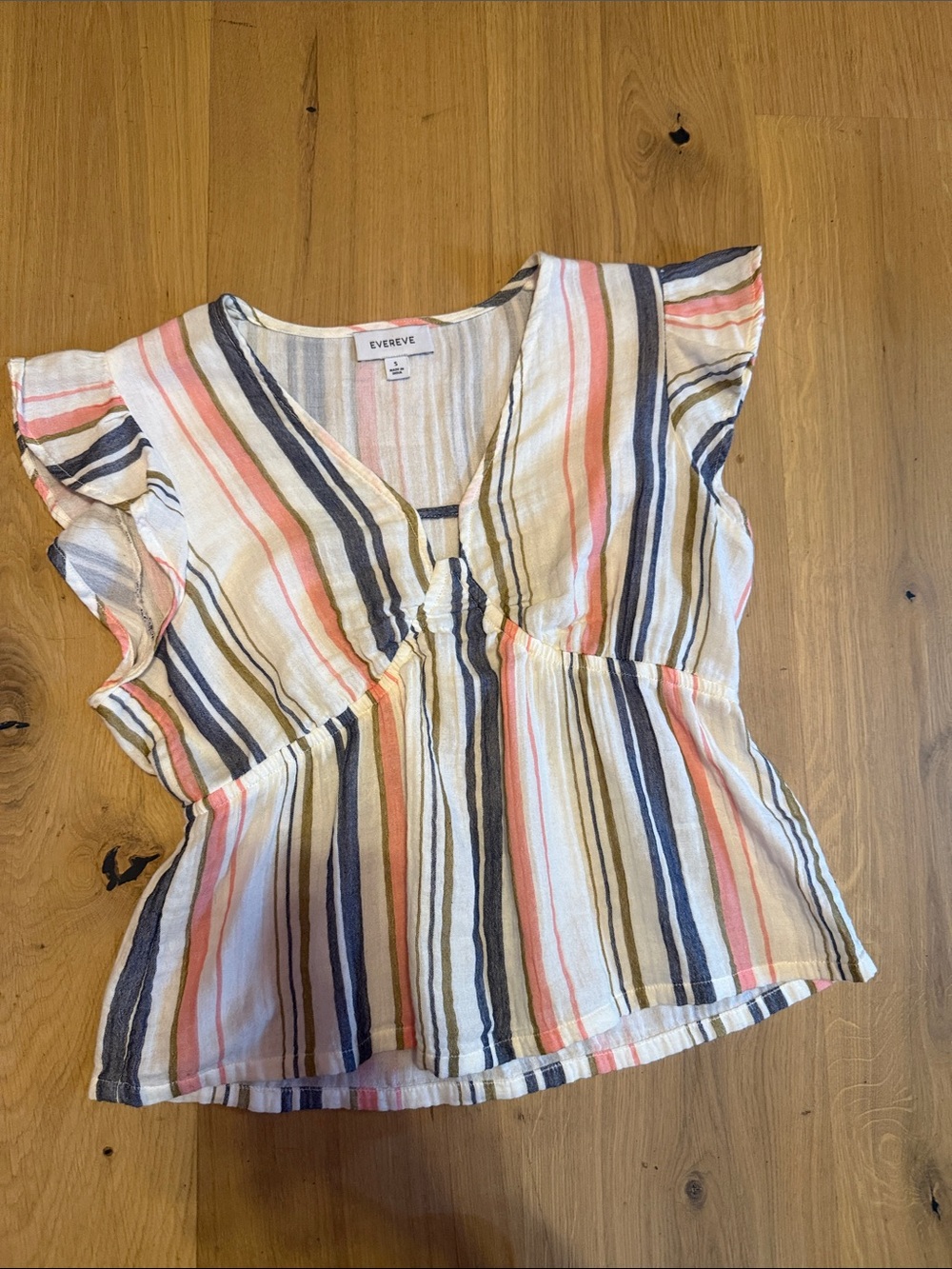 Evereve Striped Flutter-Sleeve V-Neck Top - Pink, Navy & White